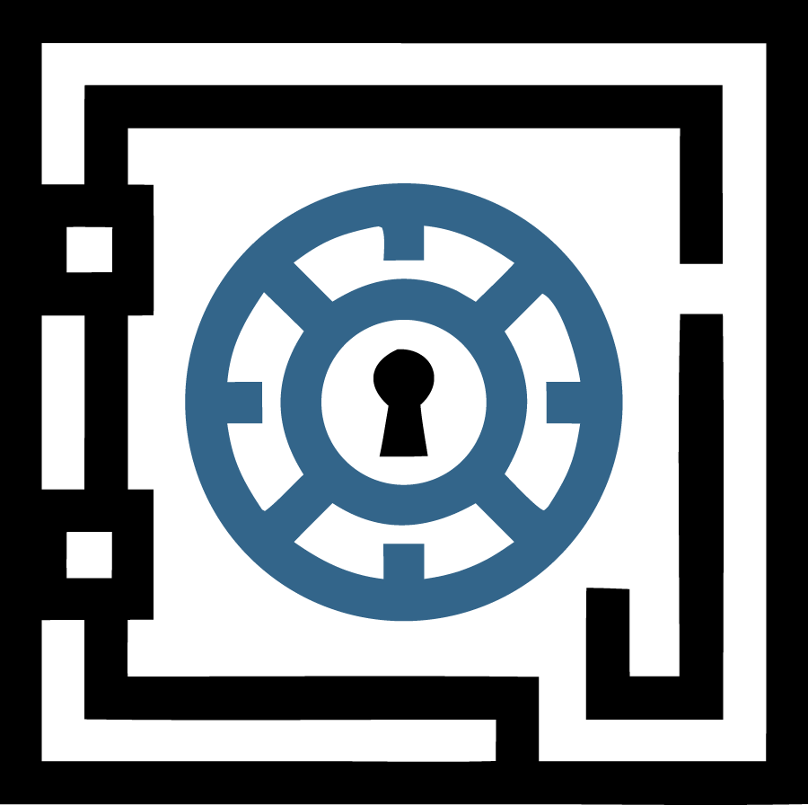 Blue and white security lock icon inside a maze-like square border
