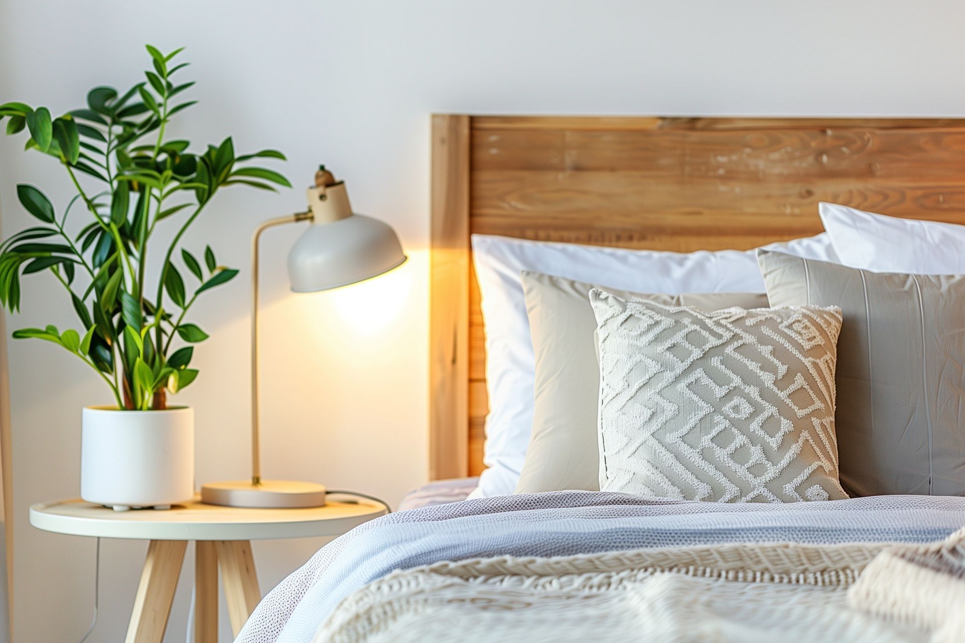 Bedroom with wooden headboard, pillows, lamp on side table, and potted plant.