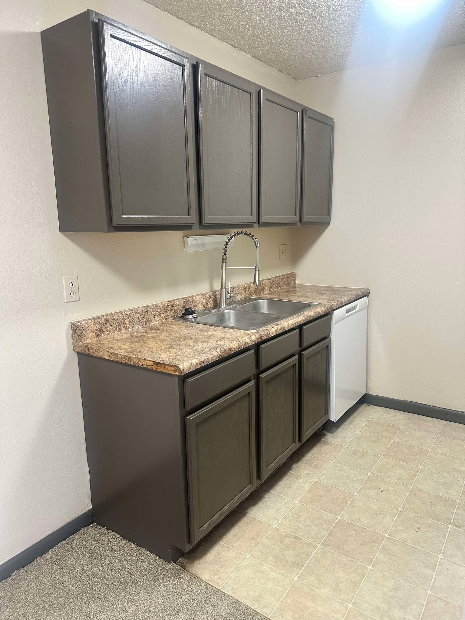 Kitchen with dark gray cabinets, a sink, and a white dishwasher.