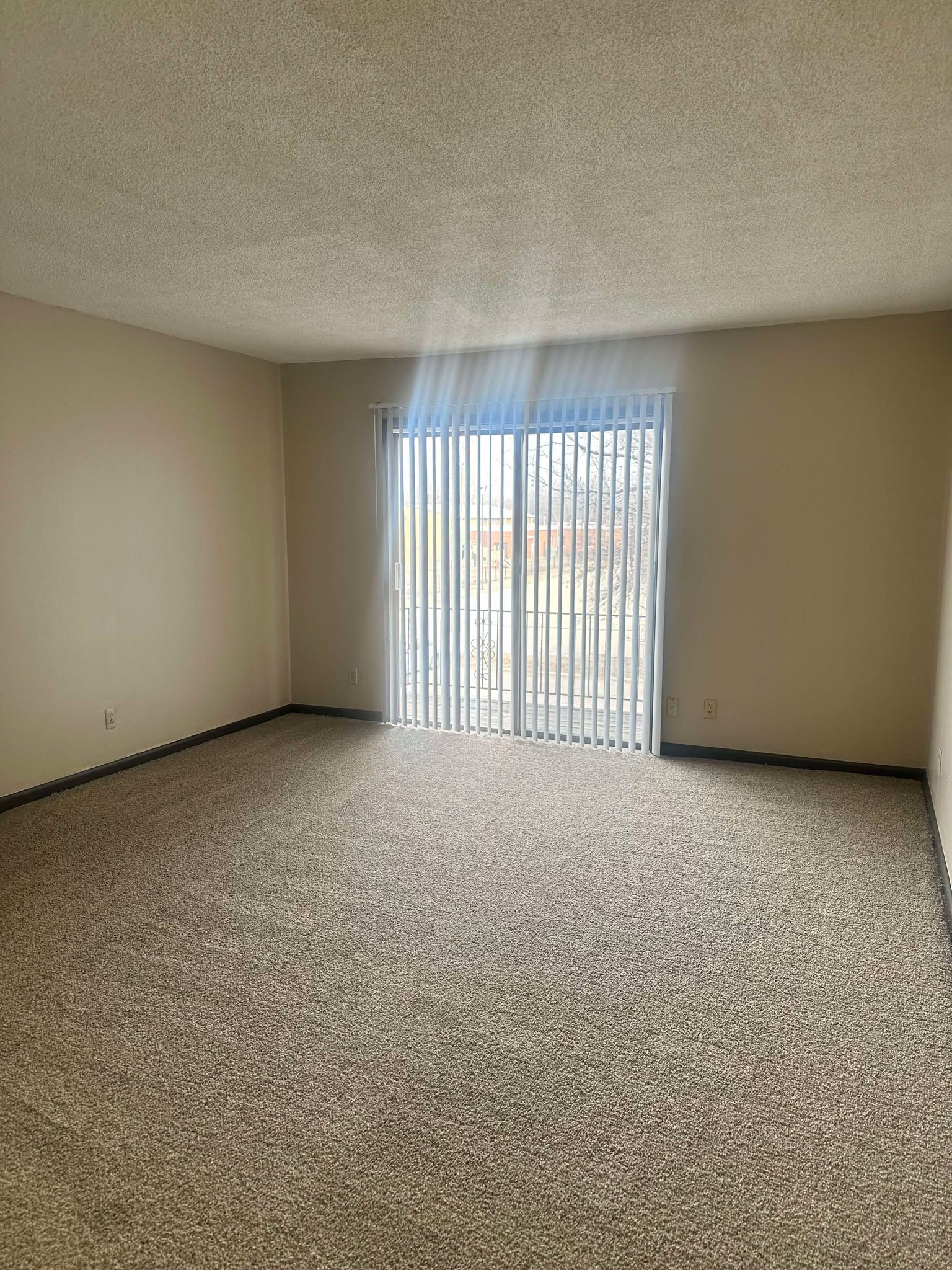 Empty room with beige walls, patterned carpet, and sliding glass door with vertical blinds.