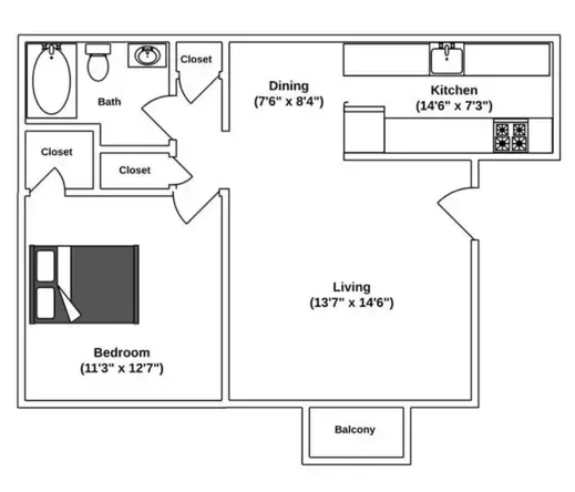 Floor Plan: 1 Bed · 1 Bath · 580 SQ. FT.