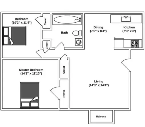 Floor Plan: 2 Bed · 1 Bath · 742 SQ. FT.