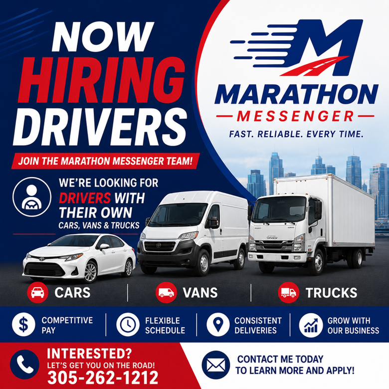 Marathon Messenger hiring drivers ad with vans and trucks on a blue background
