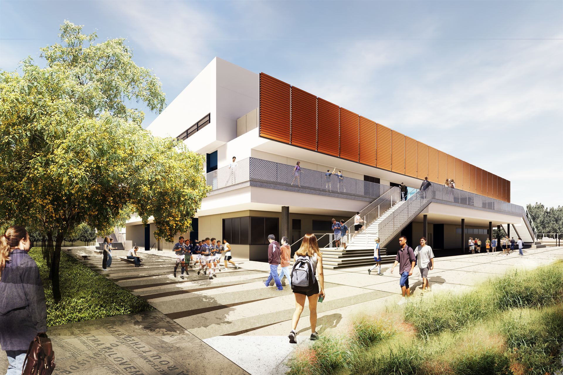 Modern two-story building with students walking. Orange slat facade, stairs, and greenery in a bright outdoor setting.