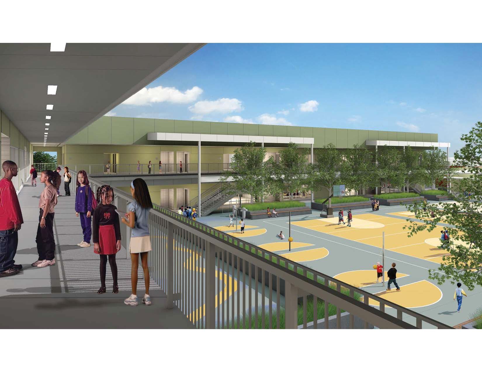 Children walking on a school balcony overlooking an outdoor courtyard with trees, walkways, and activity areas.