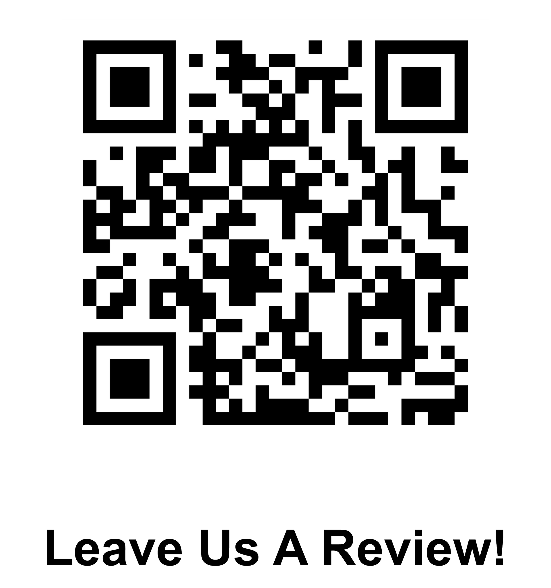 A black and white qr code with the words `` leave us a review ! ''
