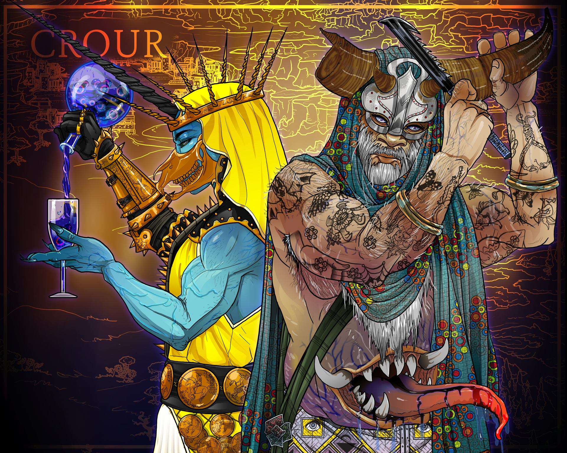 Two fantasy warriors back-to-back: Crour