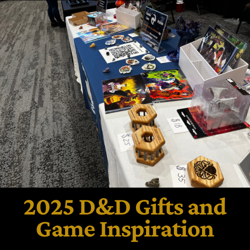 Table display of D&D gifts and game inspiration; dice holders, artwork, and character cards.