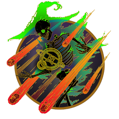 Skeleton figure inside a circular frame with falling meteors and green cosmic shapes.