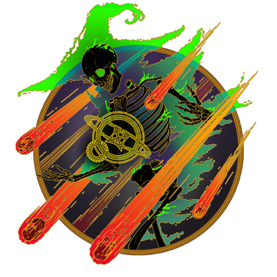 Skeleton figure with meteors inside a gold-rimmed circle, with a swirling green wave.