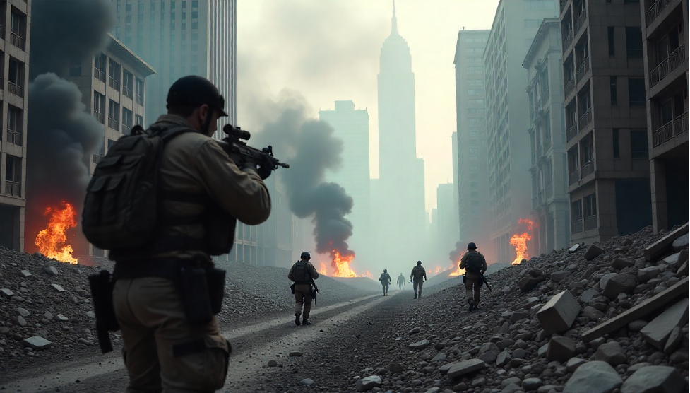 Soldier aims weapon in war-torn city street. Buildings burning, smoke rising; other soldiers advance in rubble-filled road.