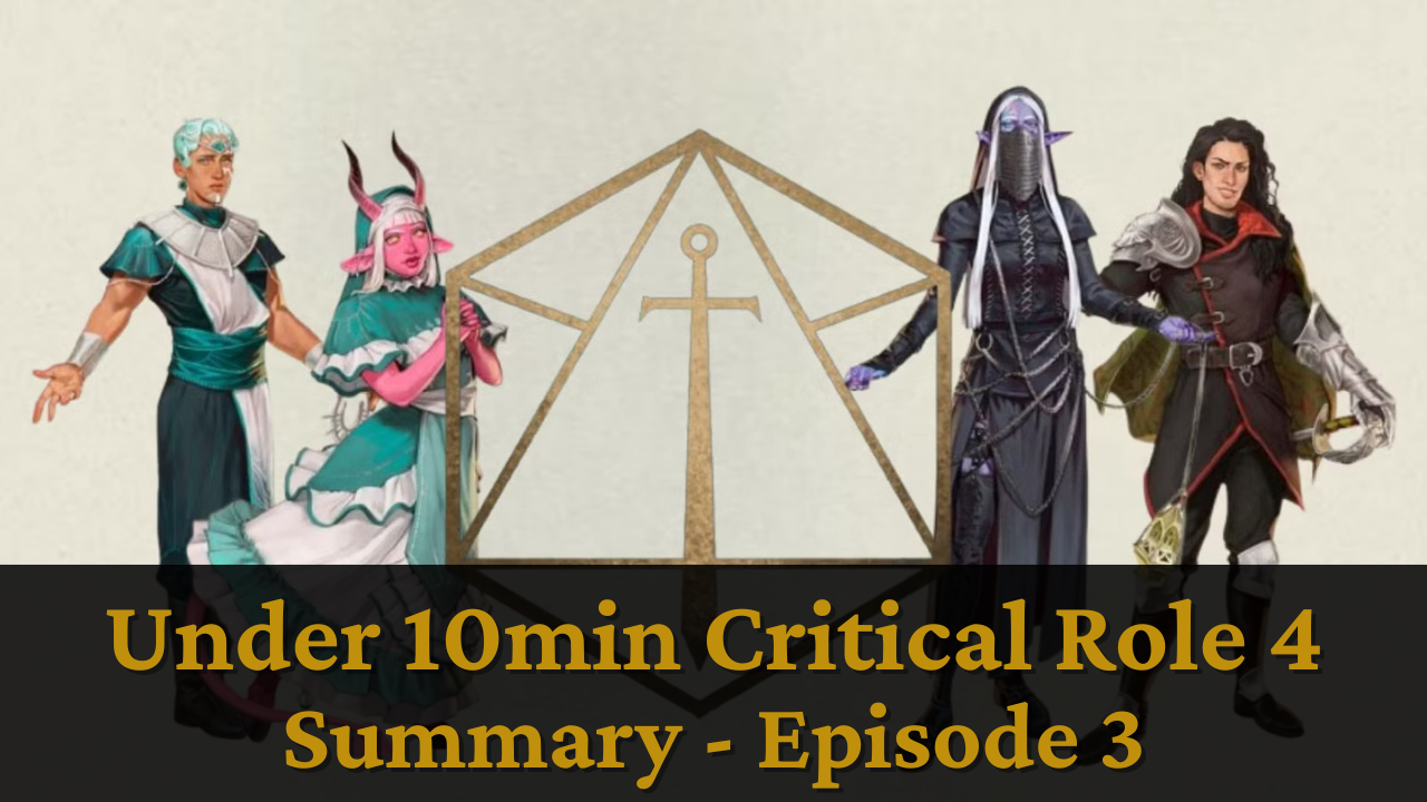 Four fantasy characters stand before a golden logo