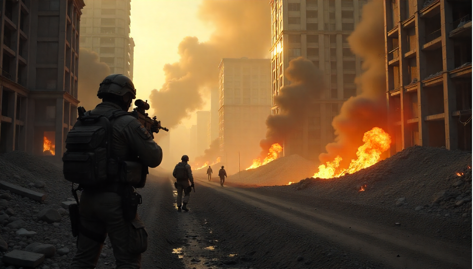 Soldier in combat gear surveys a war-torn city with fires and smoke. Other soldiers walk in the distance.