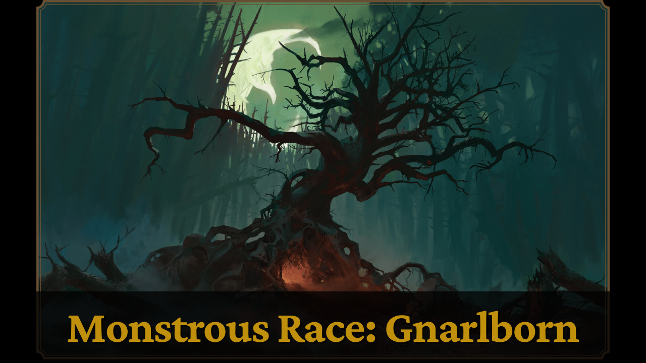 A gnarled, dark tree stands in a misty forest