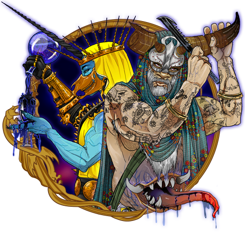 Eternity TTRPG Crour Race Icon Blue-skinned figure with golden crown and a masked person: Crour