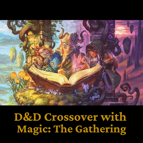 D&D characters read a glowing book, split scene, half lush daytime, half purple night.