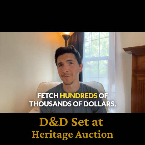 Man in a room discusses D&D set at Heritage Auction, text reads 