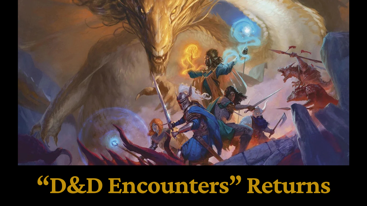 An adventuring party battles a large gold dragon 