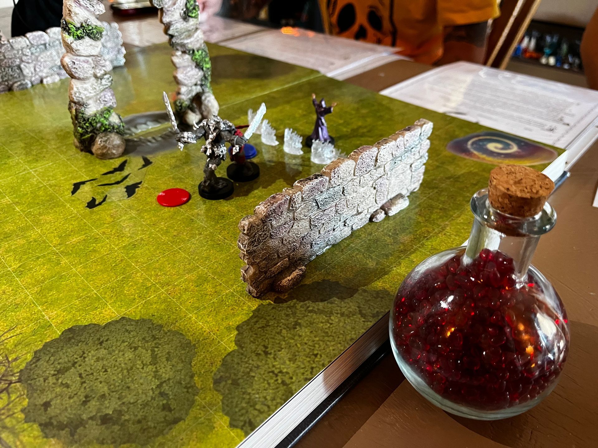 D&D game setup: miniature figures on green map