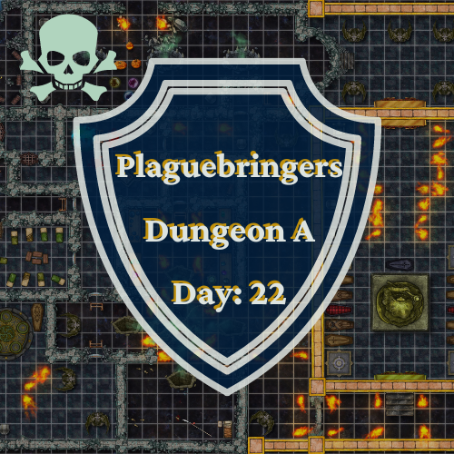 A shield with plaguebringers dungeon a day 22 written on it