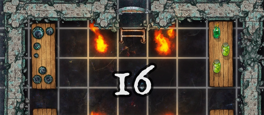 A map with the number 16 on it, and fires with alchemical components resting on tables