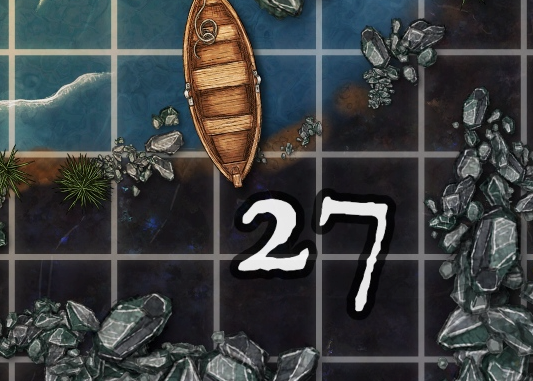 A boat is floating on top of a map with the number 27 on it