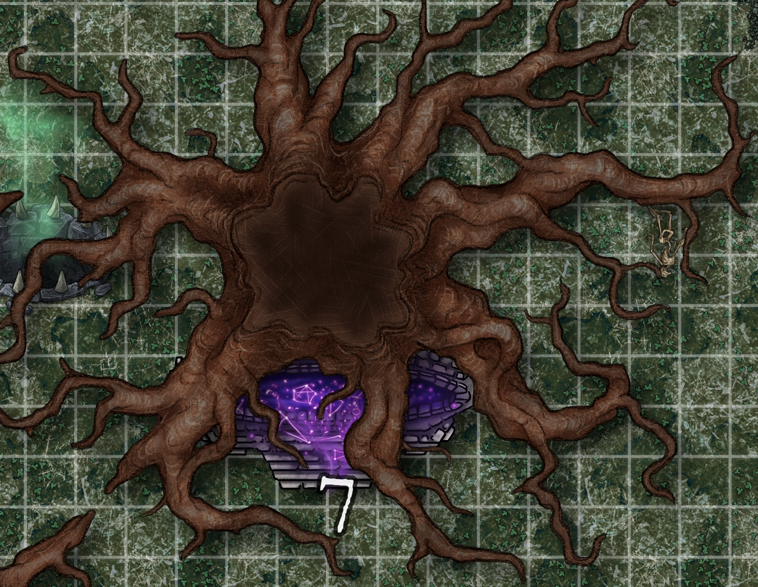 A map of a tree with roots all around, and a purple portal