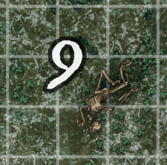 A skeleton is laying on the ground next to the number 9