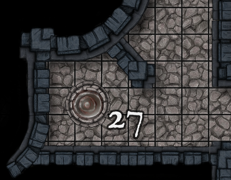 A map of a stone floor and a red pool of water with the number 27 on it.