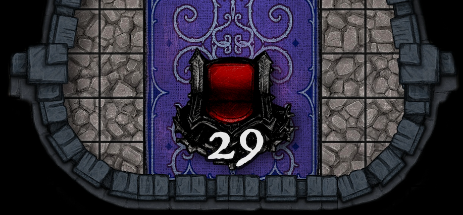 There is a red throne in the middle of a room with the number 29 on it.