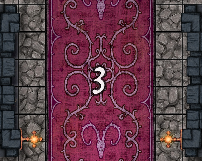 A pink rug with the number three on it is on a stone floor.