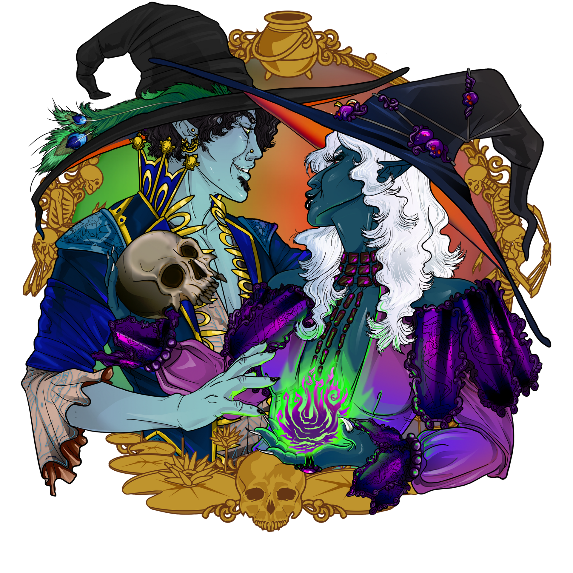 Two figures in ornate frames. One with blue skin, holding a sword, smiles. The other, green, holds a glowing orb.