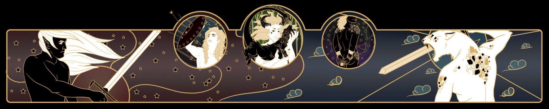 Banner with three circular icons and silhouetted figures with swords, in a dark and gold color scheme.