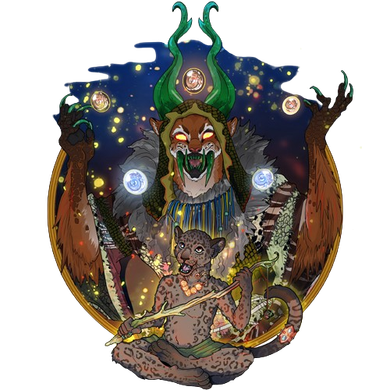Simplicity and depth A celestial tiger-like deity with a jaguar playing a flute in a starry night scene. Golden orbs and glowing light.
