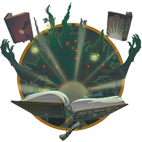 Eternity TTRPG Sage Class - Transparent Open book with glowing center, surrounded by ghostly hands, books, and green aura.