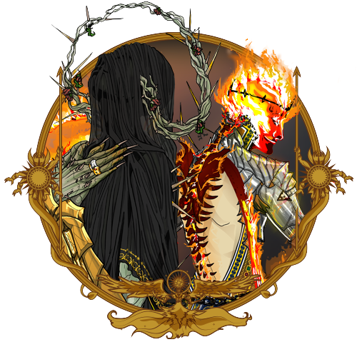 Two figures in a golden frame: one dark and hooded, the other fiery. Both wear thorny crowns.