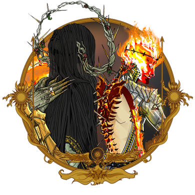 Two figures, one dark with thorns, the other fiery. Both wear thorn crowns, set in a golden frame.