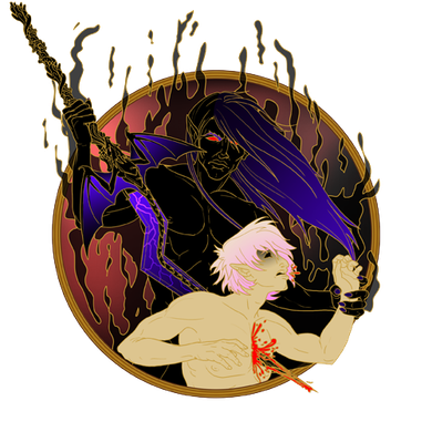 A figure with purple hair and a staff looms over a wounded person, blood on chest, surrounded by dark flames.