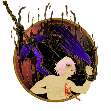 Dark figure menacing a wounded pink-haired person. Blood, magic sword, and a golden circle.