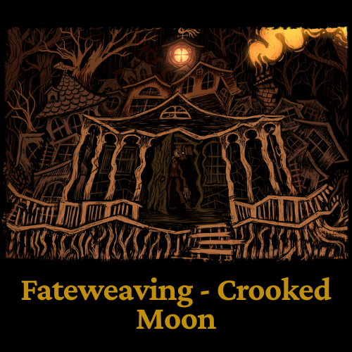 Dark illustration of a crooked, spooky house under a full moon. Title