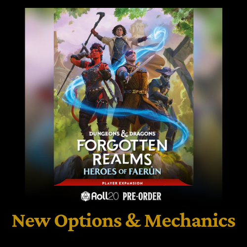 D&D: Forgotten Realms book cover with heroes. Characters in action with blue energy, forest background, and pre-order text.