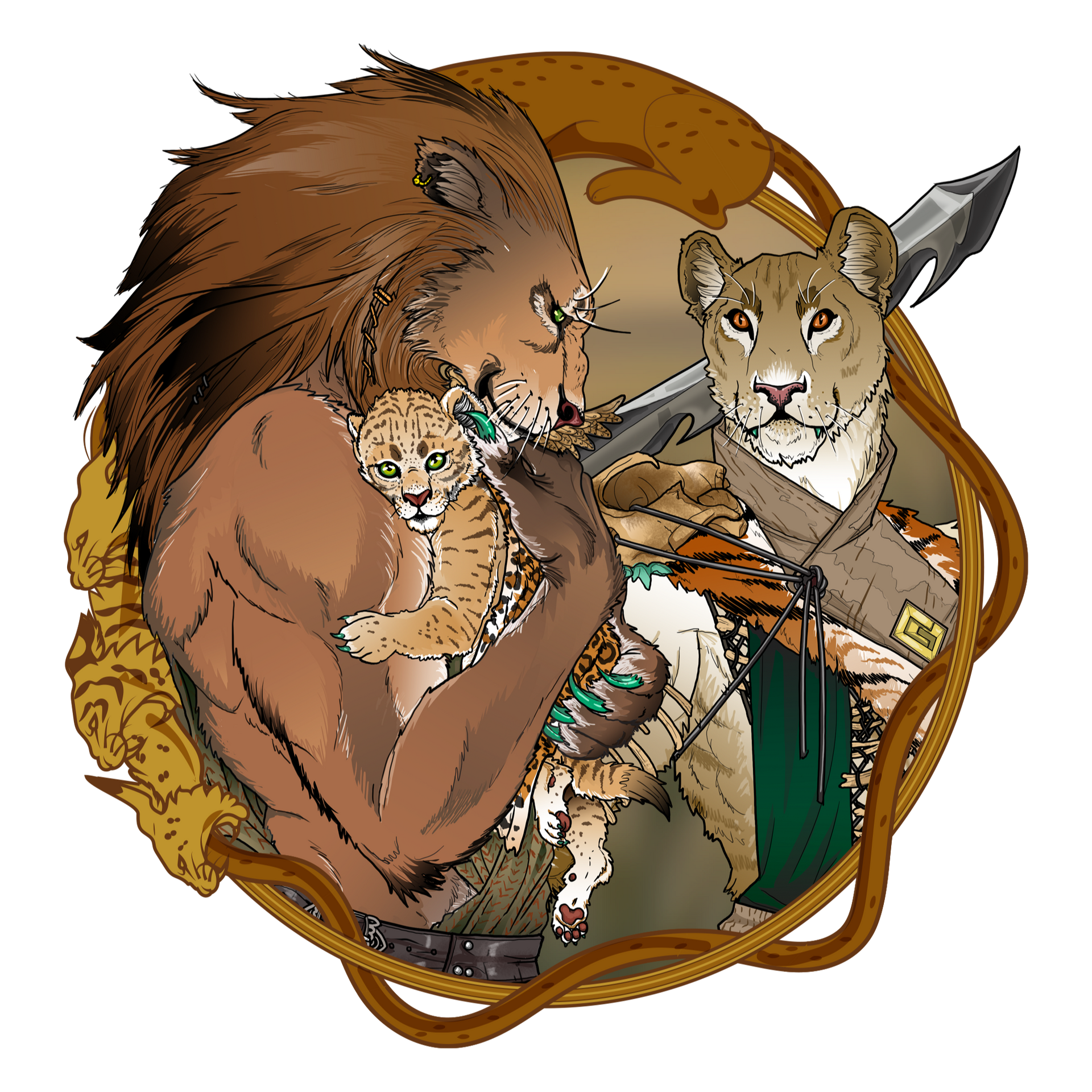 Lion, lioness, cub, embrace. Lion holds cub; lioness has sword. Golden ornate frame.