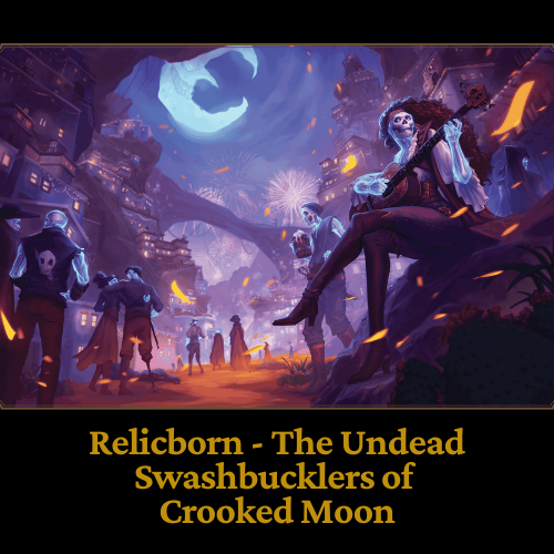 Undead figures in a city at night, with one playing a stringed instrument under a large, crescent moon.