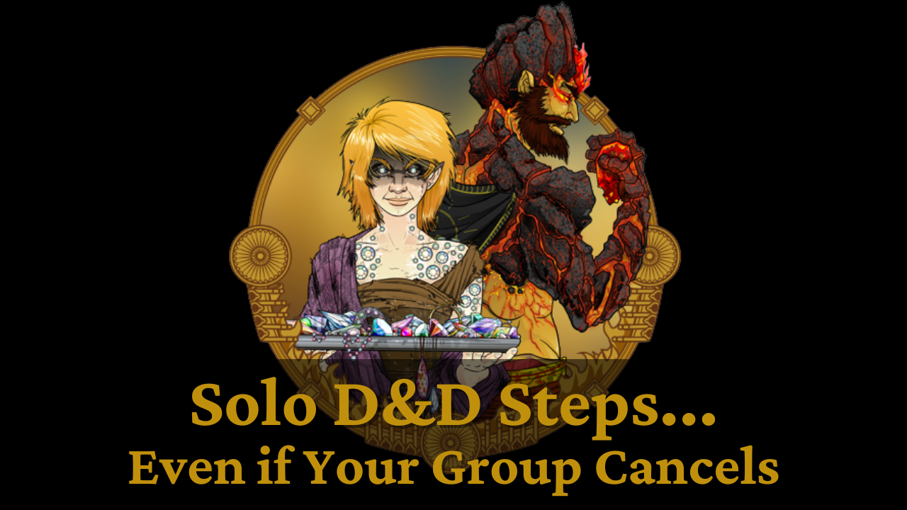 Blonde woman, lava-skinned being in a golden frame, with dice.