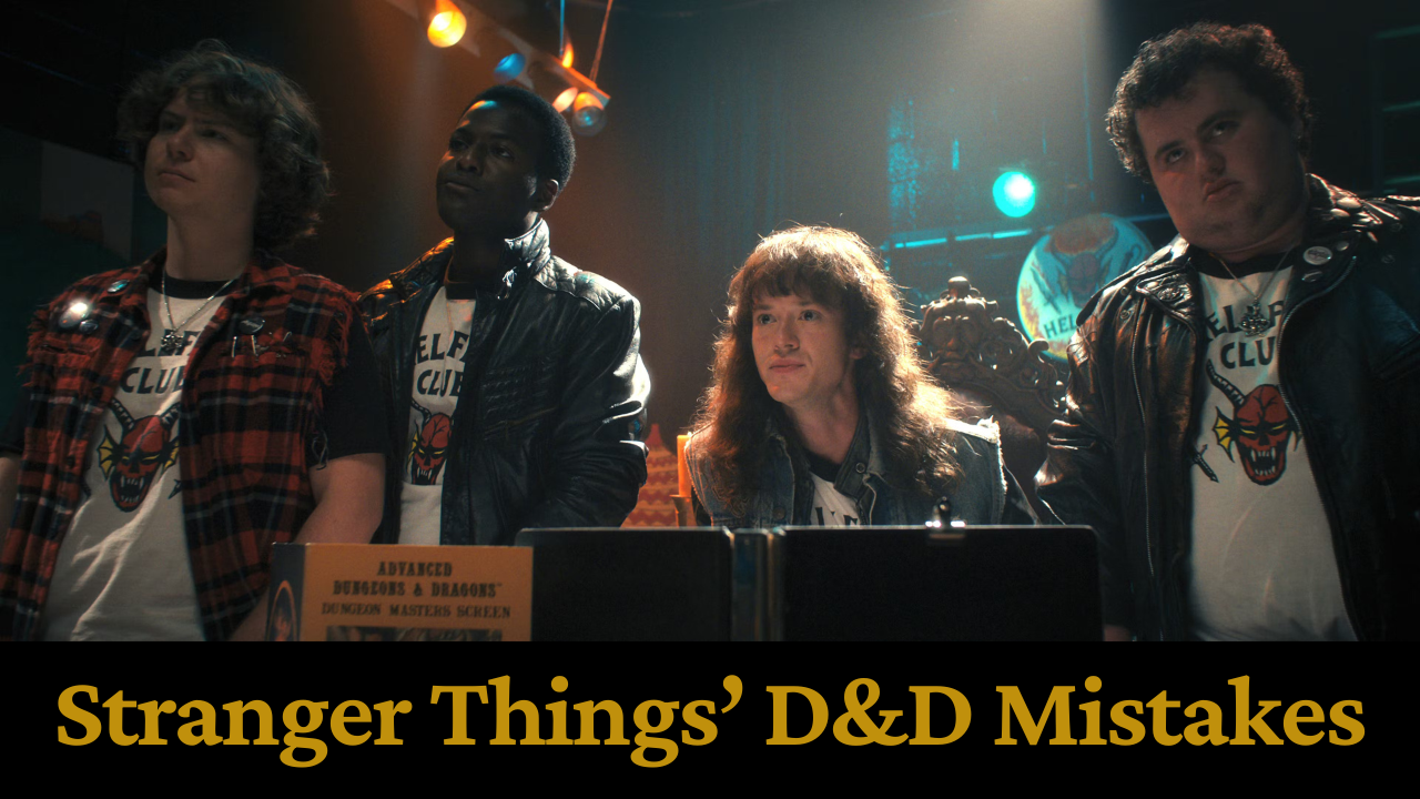 Four people at a table, likely in a dark room. Stranger Things' D&D Mistakes.