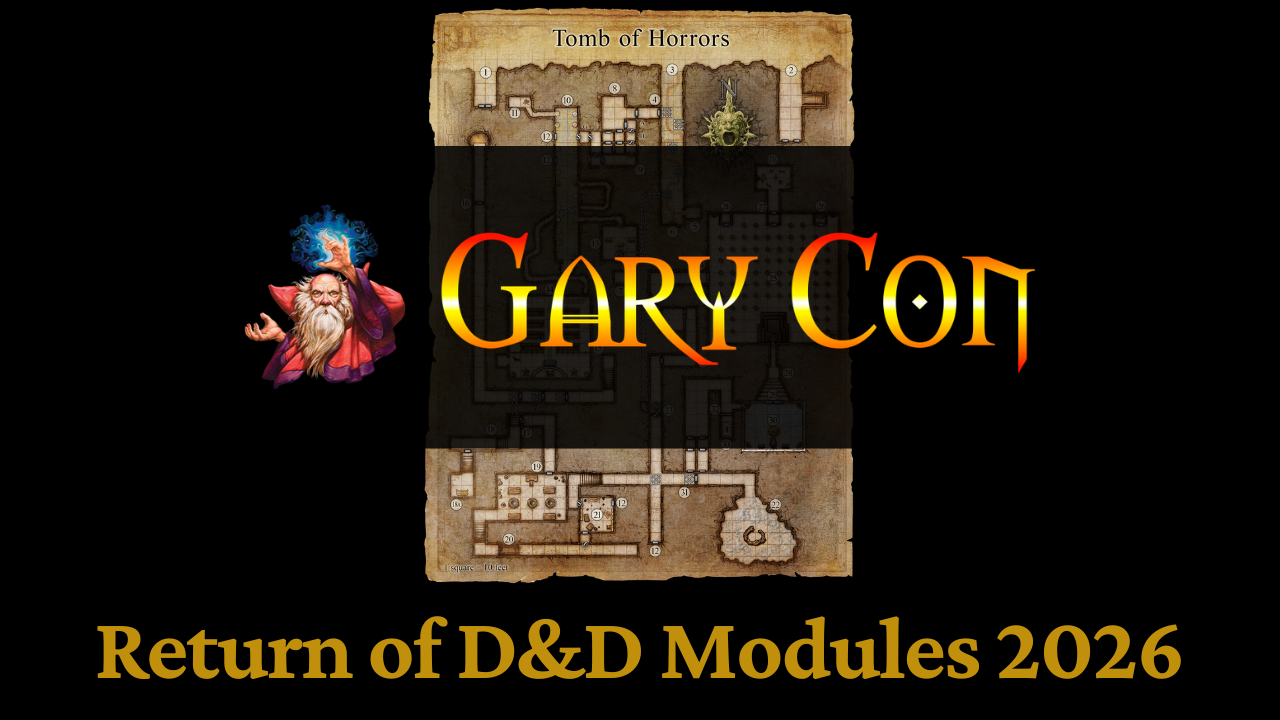 A Gary Con logo over a dungeon map