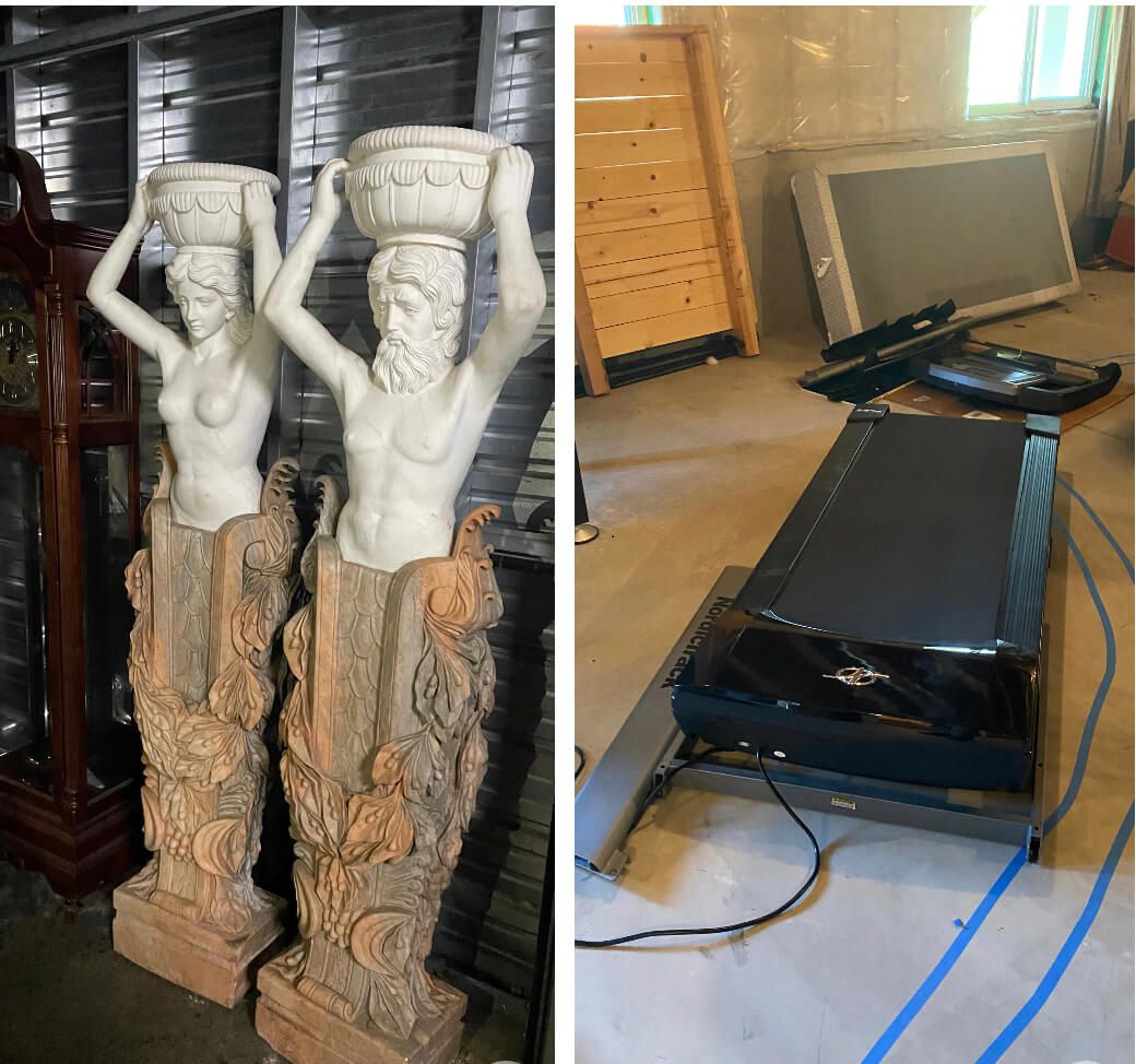 Moving specialty items; two white and gold statute in a storage unit and a base of a treadmill in a basement of a home