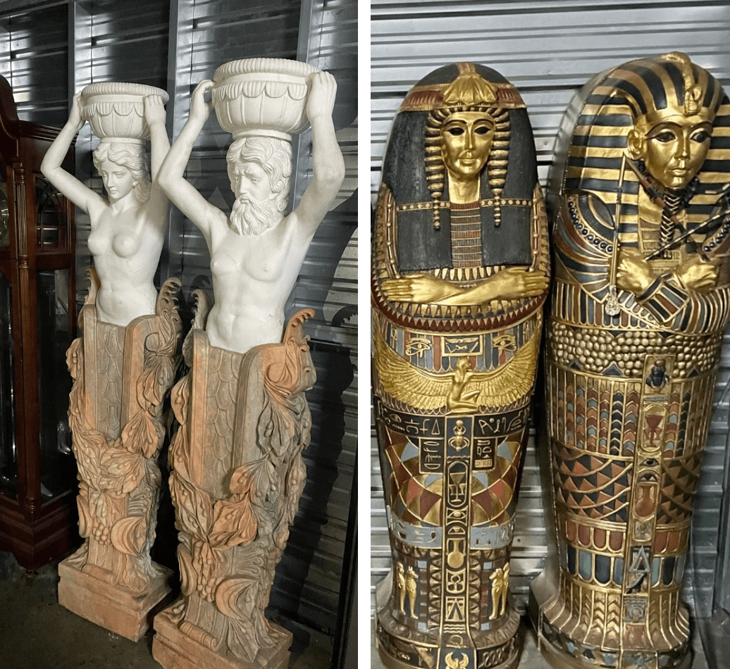 Moving specialty items; two white and bronze statute and two golden pharaohs in a storage unit.