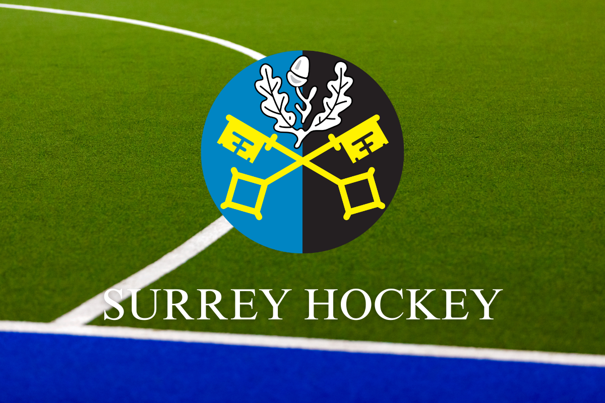 Surrey Hockey logo: keys, oak leaves, blue/black circle on green hockey field.