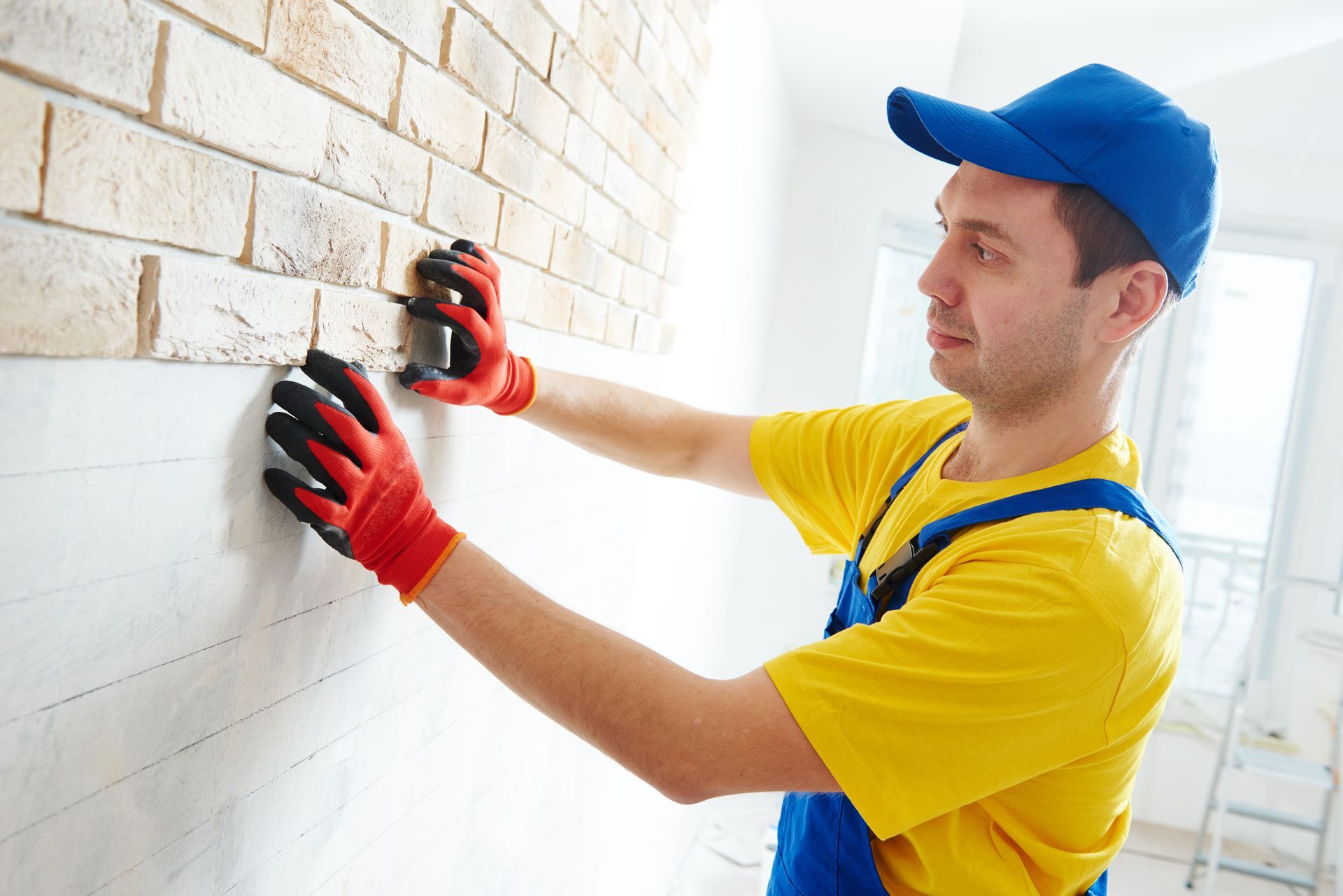Man in blue overalls and cap installing on a wall; wearing red gloves.